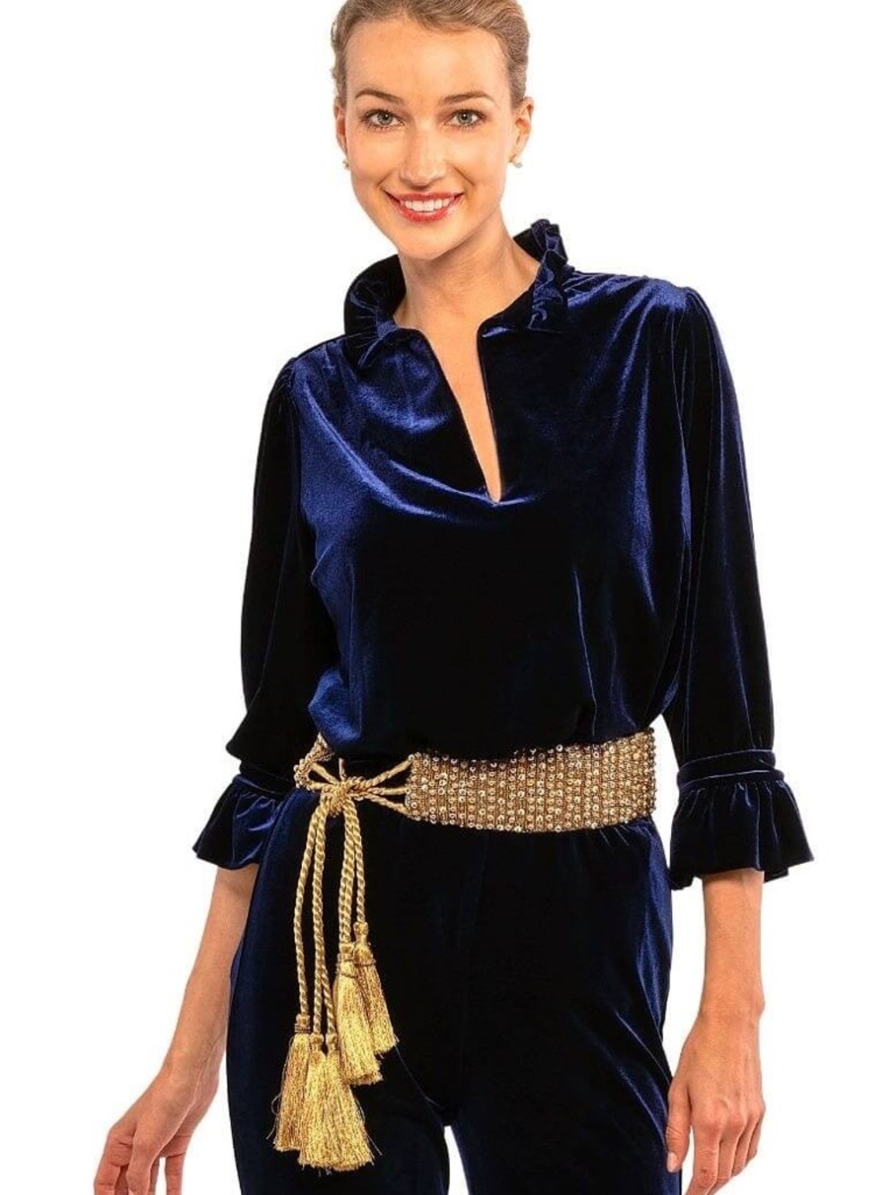 Gretchen Scott Women Navy Silky Velvet Ruffleneck V-Notch Tunic Blouse Sz Small